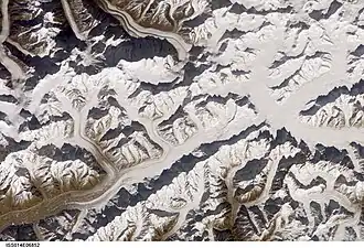 Satellitenbild vom Hispar Muztagh; Khurdopingletscher mittig am oberen Bildrand.