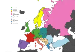 Eine Karte, die durch farbige Markierung darstellt, welche Länder Eurasiens im Spiel verfügbar sind, unterteilt nach dem jeweiligen DLC, in dem diese veröffentlicht wurden.