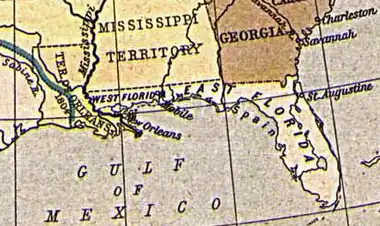 Eine zeitgenössische Karte beider Floridas. Westflorida liegt zwischen dem heutigen Bundesstaat Florida und dem Mississippi River.