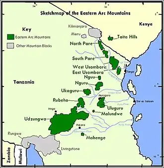 Lage der Eastern Arc Mountains in Tansania und Kenia