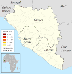 Regionale Verteilung der bestä­tigten und verdäch­tigen Erkran­kungs­fälle in Guinea, Liberia und Sierra Leone, Darstellung vom 25. August bis 12. Oktober 2014 (danach andere, nicht übertragbare Einteilung).[132]