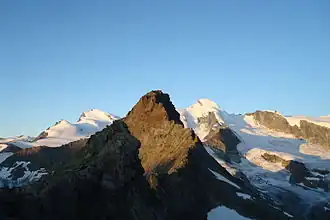 Egginer in der Morgensonne vom Mittaghorn gesehen. Links daneben das Fluchthorn und das Strahlhorn, rechts das Allalinhorn.