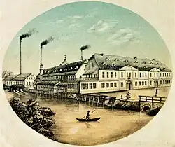 Aus gleicher Perspektive zeigt diese Lithographie das bereits erweiterte Verwaltungsgebäude (um 1850)