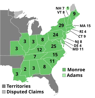 In der Präsidentschaftswahl von 1820 gewann Monroe alle Stimmen im Electoral College abgesehen von einer Stimme, die an seinen Außenminister John Quincy Adams ging.