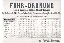 Fahrplan der "Vöslauer Elektrischen" aus dem Eröffnungsjahr 1895.