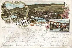 Lithographie von Elsterberg mit der Vogtländischen Schweiz, Postkarte 1895