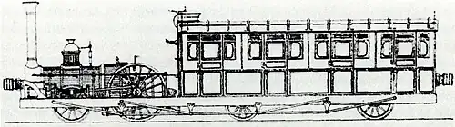 Zeichnung des Enfield-Dampftriebwagen, einer der ersten Dampftriebwagen, 1849