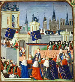 Der Einzug von Elisabeth von Bayern in Paris, Miniatur in Froissarts Chroniken, die Philipp von Mazerolles zugeschrieben werden (um 1470–1472)