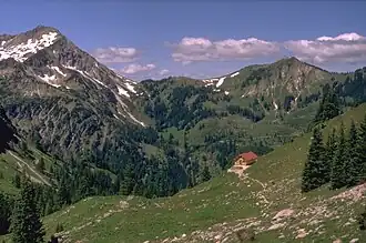 Entschenkopf (links) und Schnippenkopf (rechts) von Osten, aus dem Gebiet der Haseneckalpe.
