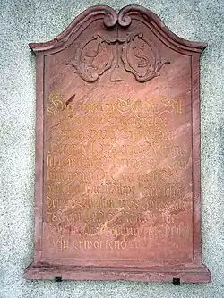Epitaph für Sara Merian-Burkhardt (1690 – 26. April 1768) Theodors Kirche, Basel. Mutter von Emanuel Merian (16. März 1732 – 13. Mai 1818) evangelischer Geistlicher. Der Vater war Friedrich Merian-Burkhardt (1686–1760)