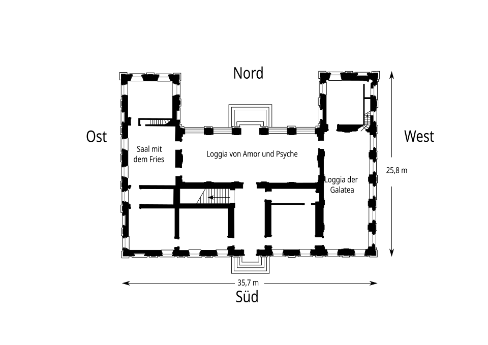 Grundriss mit heutiger Raumaufteilung und den auf die Südseite verlegten Haupteingang der Villa