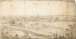 Erlangen von Norden, um 1732. Die seinerzeit bereits ruinöse Veste ist in der rechten Bildhälfte zu sehen.