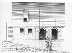 Bauzeichnung der Synagoge in Erlenbach, Text:„Ansicht der Facade gegen den Hof“