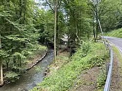 Der Eschbach beim Johanneskotten, begleitet von der Eschbachtalstraße.