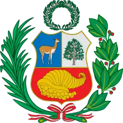 Wappen Perus mit Eichenlaubkrone als Erhöhung sowie Lorbeer- und Palmzweigen als Einfassung