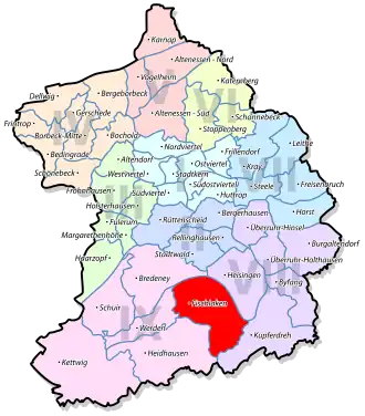 Lage von Fischlaken im Stadtbezirk IX Werden/Kettwig/Bredeney