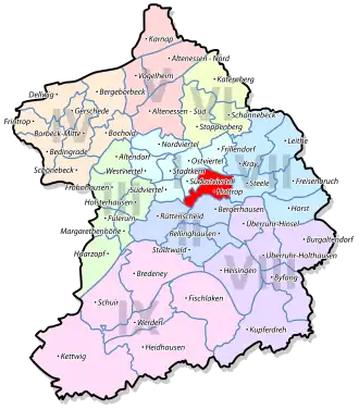 Lage von Huttrop im Stadtbezirk I Stadtmitte/Frillendorf/Huttrop