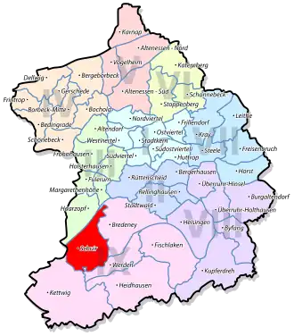 Lage von Schuir im Stadtbezirk IX Werden/Kettwig/Bredeney