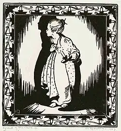 Ein in schwarz und weiß gehaltener Linolschnitt des Modernismus. Ein rechteckiger Rahmen, der aus aneinandergereihten Kerzen in Kerzenständern besteht rahmt ein junges Mädchen ein, das nur von einer Kerze erleuchtet wird. Um sie herum ist Dunkelheit. Ihr Schatten zeichnet sich an der Rückwand deutlich ab, wo sie erschrocken hinschaut. Sie fasst sich vor Schreck an die Brust.