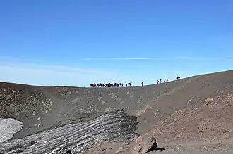 Touristen auf dem Weg rund um einen Krater, der bei einer Eruption des Ätna im Jahre 1892 entstand.