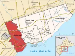 Lage von Etobicoke (rot) in Toronto