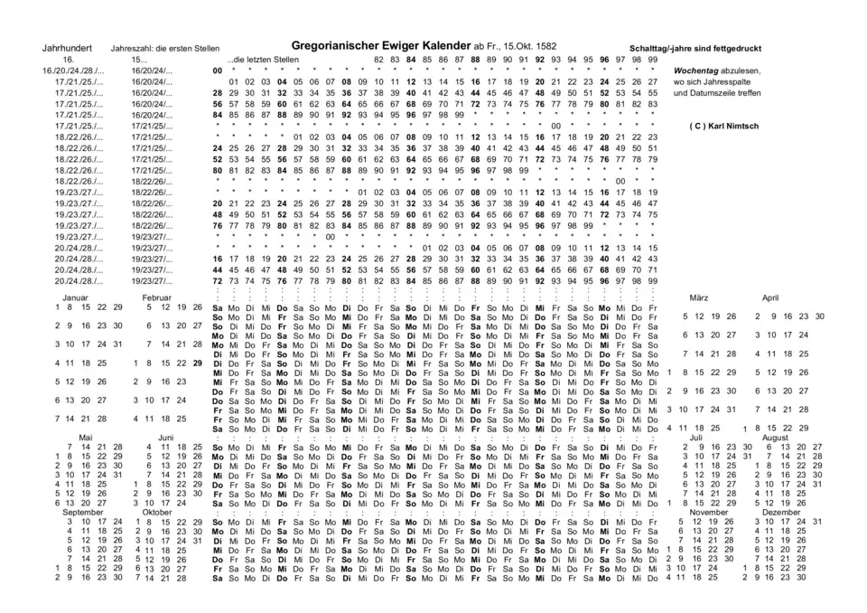 Ewiger gregorianischer Kalender 1582 bis 2899