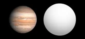Schematischer Größenvergleich zwischen Jupiter und WASP-5 b