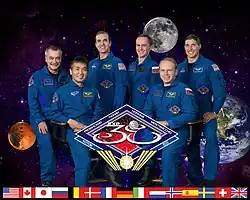 v. l. n. r.: Michail Tjurin, Kōichi Wakata, Richard Mastracchio, Sergei Rjasanski, Oleg Kotow und Michael Hopkins