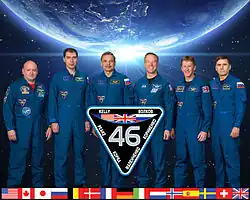 v. l. n. r.: Scott Kelly, Sergei Wolkow, Michail Kornijenko, Timothy Kopra, Timothy Peake und Juri Malentschenko