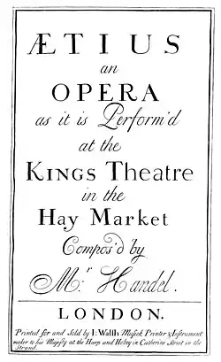 Ezio: Titelseite des Erstdruckes der Arienpartitur von John Walsh