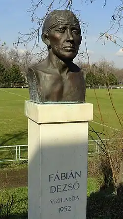 Büste von Dezső Fábián auf einer Stele mit der Aufschrift Fábián Dezső Vizilabda 1952. Deutlich erkennbar ist die Bademütze.