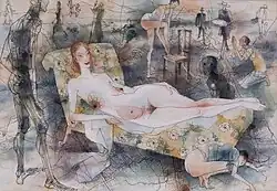 Liegender Frauenakt im Zentrum des Bildes.