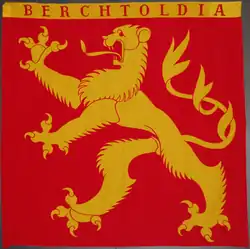 Die Fahne der AV Berchtoldia mit dem Wappen von Berchtold V. von Zähringen nach der Darstellung auf dem Zähringerbrunnen