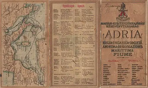 Fahrplan der „Adria AG“ von ca. 1900 mit der Abb. der SS Carola auf der Rückseite und der Angabe von insgesamt 33 eingesetzten Schiffen (282&nbsp;×&nbsp;169&nbsp;mm, Druck: Stabilimento tipo-litografico Emidio Mohovich in Fiume[15])
