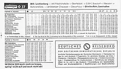 Fahrplan der Berliner Linie O 37, neben dem Zusatz­buch­staben O und dem Obus-Symbol weisen auch die Begriffe Zug und Zugfolge – statt Wagen und Wagenfolge – auf den Obus-Betrieb hin