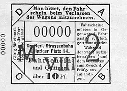 Einzelfahrschein über 10&nbsp;Pfennig wie er von der GBS und ihren Nebenbahnen ausgegeben wurde (Einheitsfahrschein)