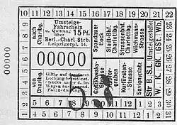 Fahrschein über 15&nbsp;Pfennig mit Umsteigeberechtigung in Charlottenburg