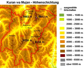 Lage des Kuh-e Bandaka (Höhenpunkt 6843) im Distrikt Kuran va Munjan