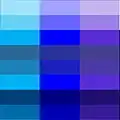 Analoge Farbverwandtschaft: Cyan, Ultramarinblau und Blauviolett, ergänzt durch Hellblau, Graublau und Dunkelblau mit allen Zwischentönen
