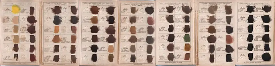 Alte Färbemuster aus Kaninfell der Farbwerke vorm. Meister Lucius & Brüning, Hoechst am Main (spätere Hoechst AG)