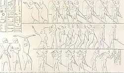 König Haremhab in einer Prozession nach dem Sieg über die Nubier, die Bewohner von Kusch (Richard Lepsius, 1849)