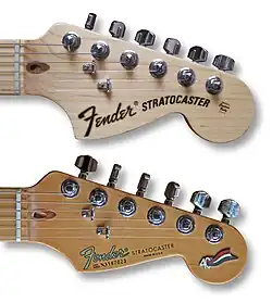 Kopfplatten bieten durch Größe, Form und Design oft Modell-Informationen: frühe Version einer Stra­tocaster (unten), und späte – „CBS-Version“ (oben).[2]