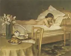 Nacktheit, Lesen, Frühstück, Hermann Fenner-Behmers Der Bücherwurm, 1906, gedruckt um 1910