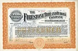 Vorzugsaktie der Firestone Tire and Rubber Company, ausgestellt am 15. Mai 1911 in Akron, Ohio, im Original unterschrieben von Harvey S. Firestone als Präsident