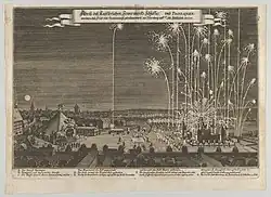Feuerwerk am Ende des Friedensfests (Kupferstich Peter Troschel)