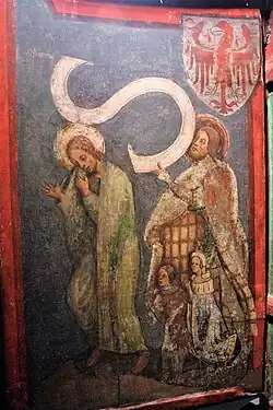 Rechte Flügelaußenseite des Altars von Schloss Tirol mit dem Tiroler Wappen (1370/72)