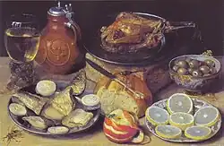 Georg Flegel Stillleben mit Braten, Fischmahlzeit, Wein u.&nbsp;a. 1638, Öl auf Kupfer, 29,5 × 46&nbsp;cm, Sammlung Václav Butta