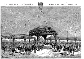 Verteilung der Fahnen im Hippodrome de Longchamp am 14. Juli 1881, anlässlich der Militärparade zum Nationalfeiertag