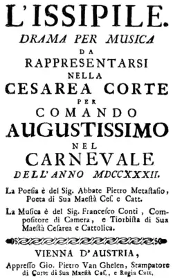 Francesco Bartolomeo Conti – Issipile – Titelseite des Librettos – Wien 1732