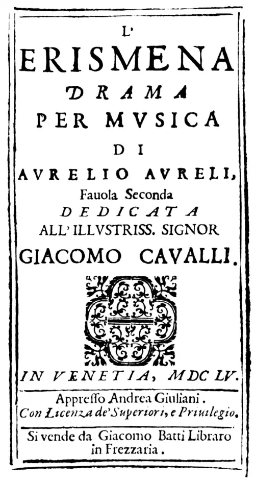 Francesco Cavalli - Erismena - title page of the libretto - Venice 1655